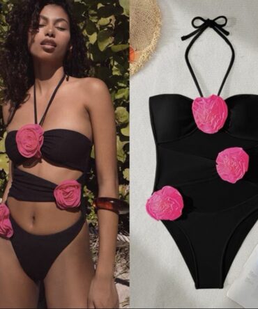 SHEIN Swim 1pc Women's Sexy Halter Tie Neck Floral Hollow Out Minimalist One-Piece Swimsuit, Summer Beach Vacation