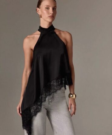 PETITE Asymmetrical High Neck Halter Top With Lace Trim, Sleeveless Top