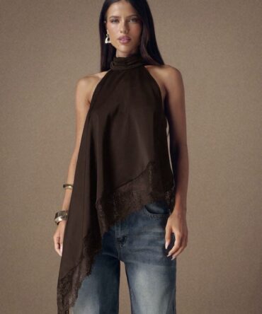 PETITE Asymmetrical High Neck Halter Top With Lace Trim, Sleeveless Top