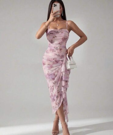 SHEIN PETITE Women's Vintage Tie Dye Butterfly Print Ruched Ruffle Hem Asymmetrical Hem Dress