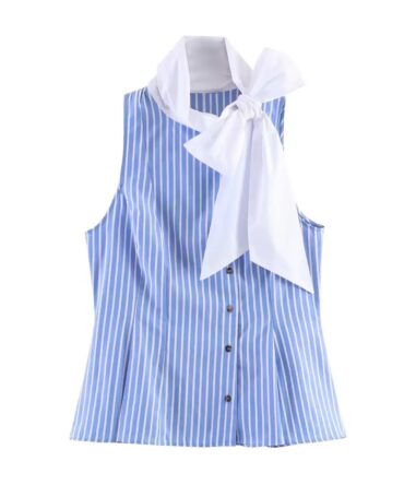Blue Striped Bow Collar Top