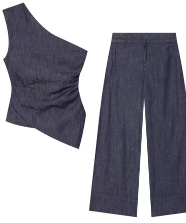 Dark Gray One-Shoulder Set
A chic two-piece set featuring a one-shoulder fitted top with a flattering ruched waist and wide-leg trousers.