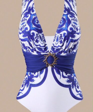 New Women 3pcs/Set Printed Swimsuit With Skirt & Mesh Pants, Casual Beach Holiday One Piece Swimsuit Set For Summer