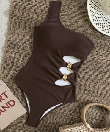 Swim Vcay 1pc Solid Color Tie Shoulder, Waist Hollow Metal Decor, Elegant Vacation One-Piece Swimsuit For Women
