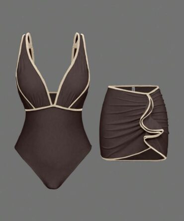 Swim Women's Coffee & Apricot Color Block Wide Strap Tankini Top & High Cut Ruched Hem Skirt Swimsuit Set