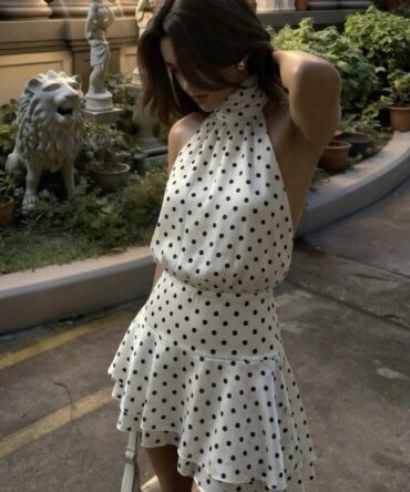 Women's White With Black Polka Dots Halter Mini Dress,Elegant High Neck Sundress,Short Peplum Cute Dress For Summer Date & Parties,Classy Whimsical
