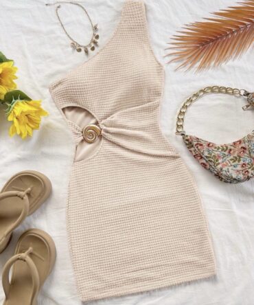Women's Apricot Hollow-Out Seashell Metallic Linen-Blend One Shoulder Bodycon Mini Dress,No Chest Padding