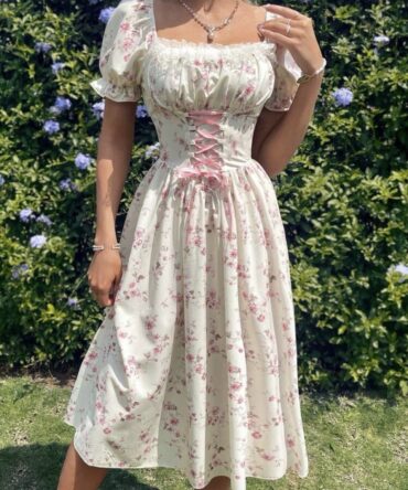 Women's Pink Ditsy Floral Patchwork Ruffle Square-Neck Puff Sleeve Tie-Waist Elegant Vintage Vacation Dress,Beige,Summer,Casual,Party ,Petite Women