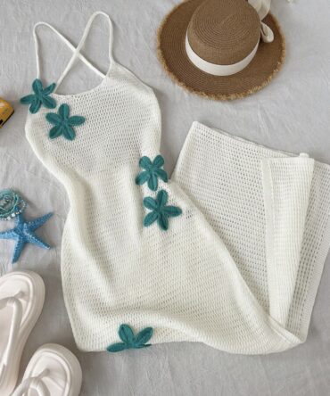 Women's White Sweater Dress, Sexy Beach Vacation Style With Blue Floral Long Dress, Summer