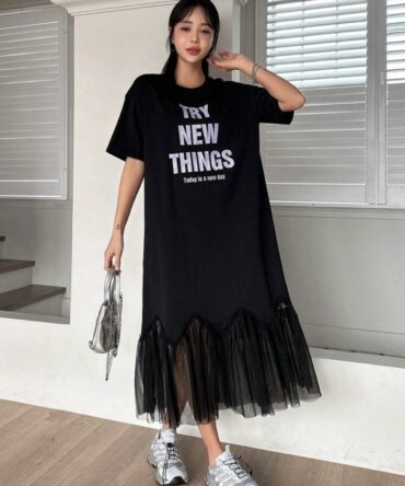 Letter Print Mesh Contrast Short Sleeve Dress Summer Sundress,Casual Women Dresses Maxi Dress