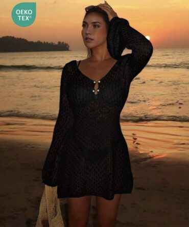 Women's Long Sleeve Hollow Out Swimsuit Cover Up, Elegant Bohemian Beach Resort Style, V-Neck Thin Skirt Vacation