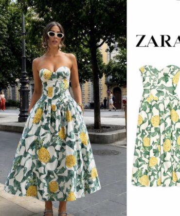Zara strapless
Elegant A-line silhouette with a vibrant green & yellow tropical print.