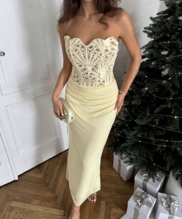 Women's Pale Yellow Strapless Asymmetric Cup Dress,Elegant Long Wedding Guest Party Dress,Summer Fall Autumn Winter Christmas Outfits