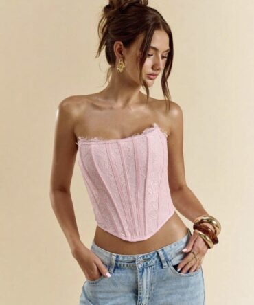 SHEIN Light Pink Summer Elegant Party Women's Lace Bra Corset Top,Solid Color Strapless For Beach Vacation,Night Out,Nightclubs,Cocktail Parties